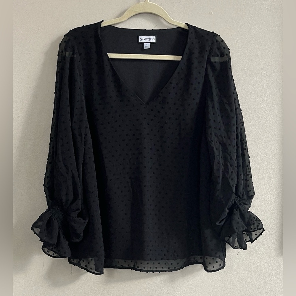 Sam and Jess black v neck Swiss dot blouse with sheer sleeves size large